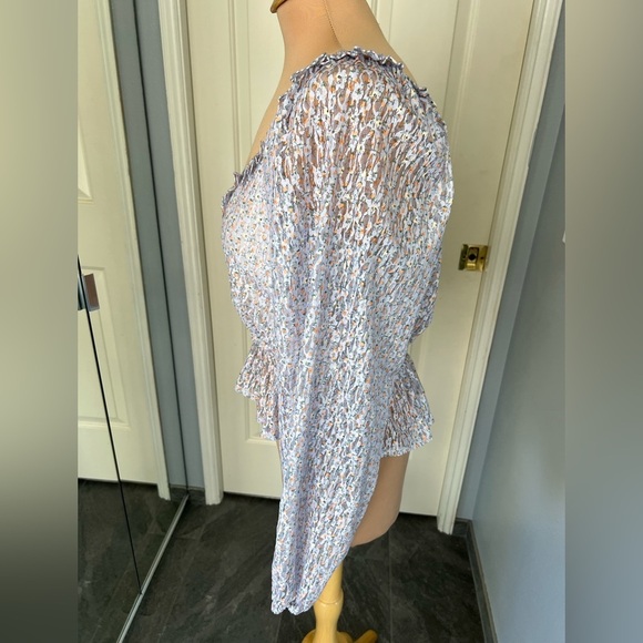 Lulus Lavender Floral Lace Balloon Sleeve Faux Wrap Peplum Top - Picture 6 of 8